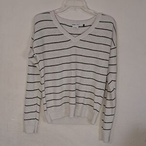 Prana Women's Size Medium Oatmeal and Black Striped V-Neck Sweatshirt